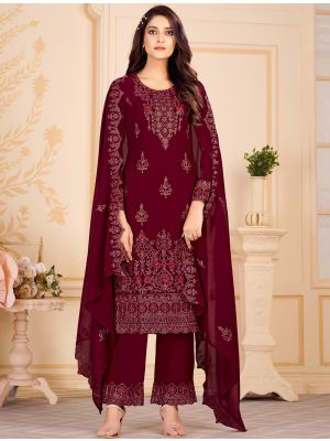 Maroon Georgette Palazzo Suit With Floral Cording small FABSL21353