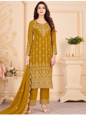 Mustard Georgette Palazzo Suit With Floral Cording small FABSL21350