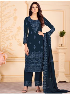Navy Blue Georgette Palazzo Suit With Floral Cording small FABSL21351