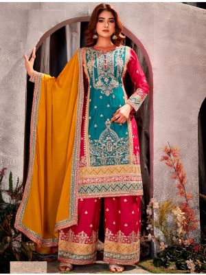 Teal And Red Chinon Semi Stitched Palazzo Suit small FABSL21918