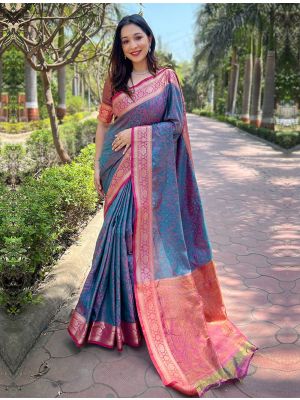 Teal Blue Art Silk Saree With Kashmiri Style Weaving
