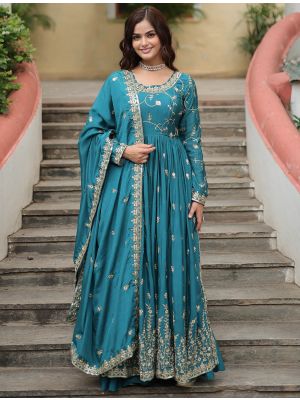 Teal Blue Chinon Full Length Readymade Palazzo Suit FABSL21997