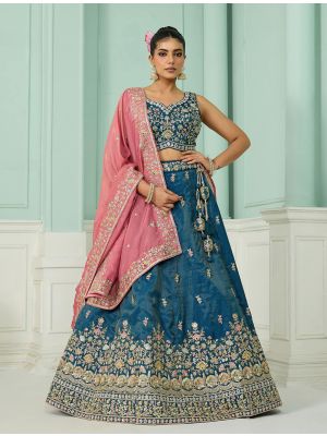Teal Blue Cosmos Silk Embroidered Designer Lehenga Choli small FABLE20518