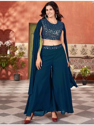 teal blue georgette crop top palazzo set with cape sleeves fabku21126