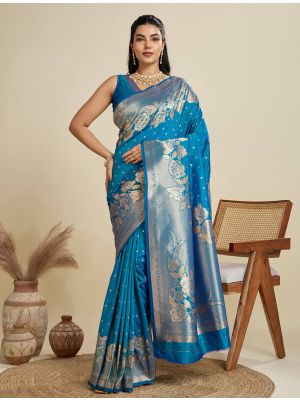 Teal Blue Kanjivaram Art Silk Zari Woven Saree