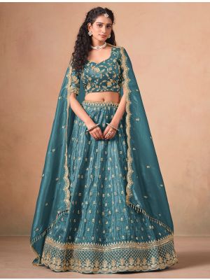 Teal Blue Organza Embroidered Wedding Lehenga Choli small FABLE20501