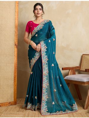 Teal Blue Poly Chiffon Embroidered Saree
