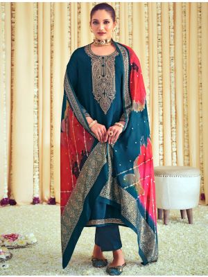 Teal Blue Raw Silk Embroidered Salwar Kameez small FABSL21651