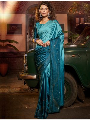 Teal Blue Satin Georgette Premium Saree With Swarovski