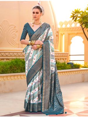 Teal Blue Silk Saree With Woven Work And Digital Print