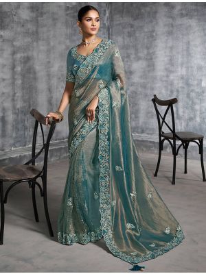 Teal Blue Tissue Silk Embroidered Designer Saree