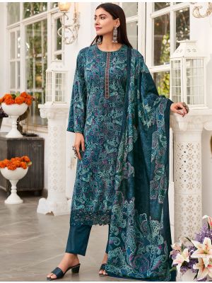 Teal Blue Velvet Printed Salwar Kameez With Thread Work small FABSL21645