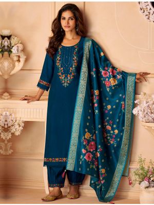 Teal Blue Viscose Silk Embroidered Ready To Wear Salwar Kameez FABSL22274