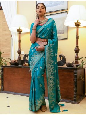 Teal Blue Zari Woven Premium Satin Silk Saree