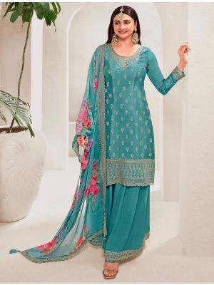 Teal Chinon Semi Stitched Sequined Palazzo Suit small FABSL21876