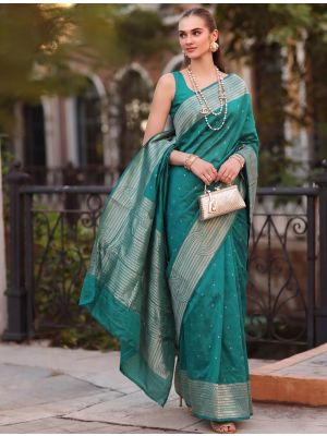 Teal Cotton Blend Saree With Woven Zari Work