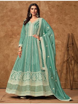 Teal Dola Silk Semi Stitched Elegant Anarkali Suit FABSL22112