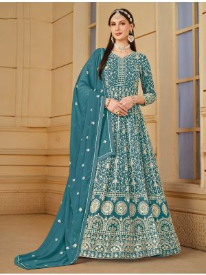 Teal Georgette Semi Stitched Designer Anarkali Suit small FABSL21761