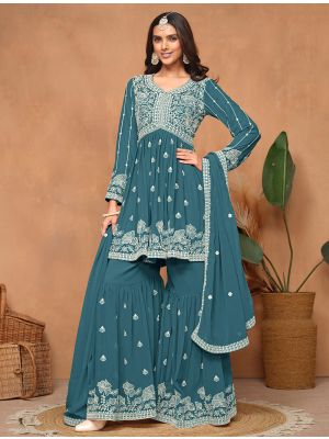 Teal Georgette Semi Stitched Embroidered Sharara Suit small FABSL21881