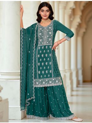Teal Green Chinon Embroidered Ready To Wear Palazzo Suit FABSL22253