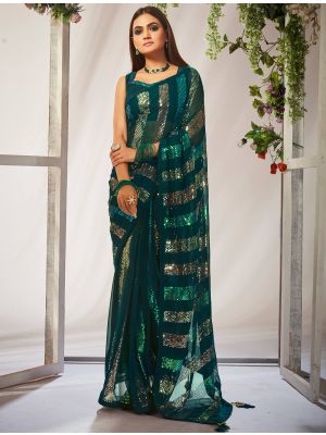 Teal Green Georgette Party Wear Saree With Sequins