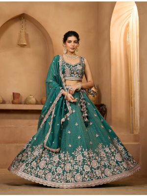 Teal Green Tissue Embroidered Designer Lehenga Choli small FABLE20514