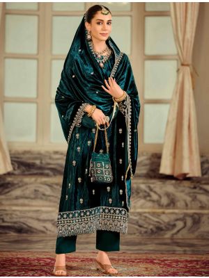 Teal Green Velvet Designer Salwar Kameez With Zardosi Work small FABSL22334