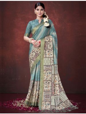 Teal Habotai Silk Traditional Pattern Saree