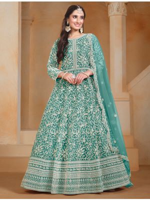 Teal Net Embroidered Anarkali Suit small FABSL21937