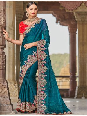 Teal Satin Burberry Embroidered Saree With Diamond Work