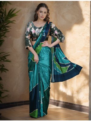 Teal Silk Crepe Ready To Wear Saree