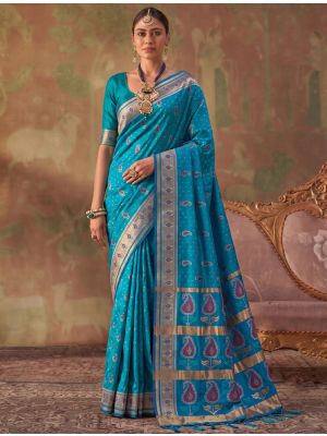 Turquoise Blue Banarasi Soft Art Silk Saree With Jacquard Weaving