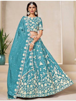 Turquoise Gold Crush Embroidered Lehenga Choli small FABLE20465