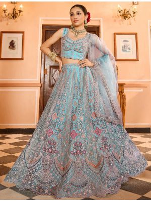 Turquoise Net Sequined Lehenga Choli With Thread Work small FABLE20554