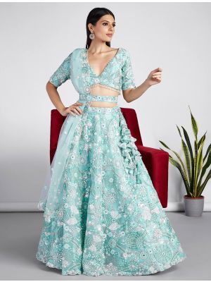 Turquoise Organza Embroidered Premium Wedding Lehenga small FABLE20390