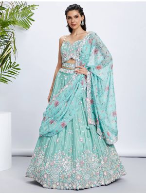 Turquoise Silk Chiffon Embroidered Premium Wedding Lehenga small FABLE20387