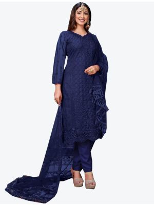 Dark Blue Net Semi Stitched Designer Suit with Dupatta small FABSL20300