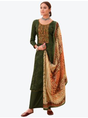 Dark Green Cotton Semi Stitched Plazzo Suit with Dupatta small FABSL20348