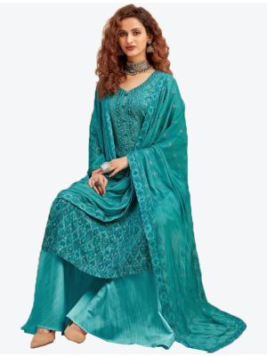 Teal Blue Pure Viscose Chinon Chiffon Dress Material with Dupatta small FABSL20378