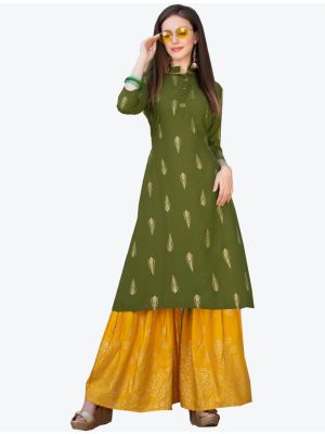 mehendi green fine rayon kurti with sharara bottom fabku20304