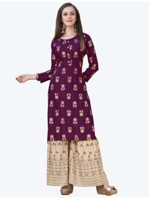 purple fine rayon kurti with sharara bottom fabku20305