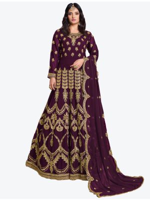Wine Faux Georgette Semi Stitched Anarkali Floor Length Suit with Dupatta small FABSL20423
