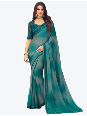 Light Teal Digital Printed Chiffon Designer Saree small FABSA21056