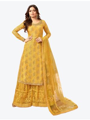 Yellow Heavy Jacquard Diamond Embroidered Palazzo Suit FABSL20488