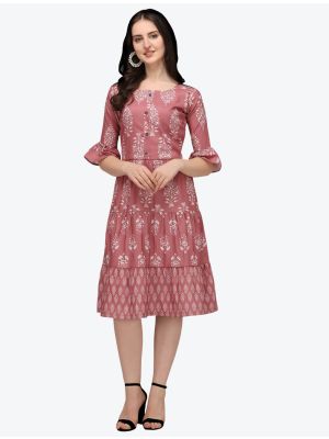 dusty pink printed jaipuri cotton indo western style frock fabku20441