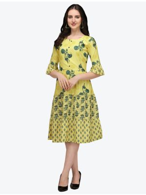 lemon yellow printed jaipuri cotton indo western style frock fabku20435