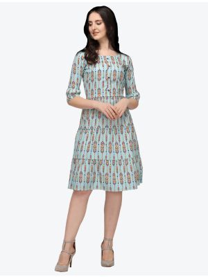 powder blue printed jaipuri cotton indo western style frock fabku20436