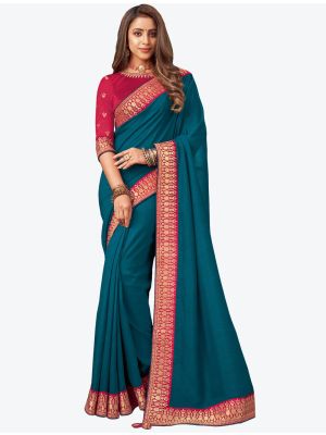 Teal Blue Embroidered Fancy Designer Saree small FABSA21085