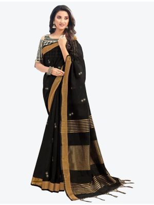 Black Embroidered Linen Cotton Designer Saree small FABSA21138