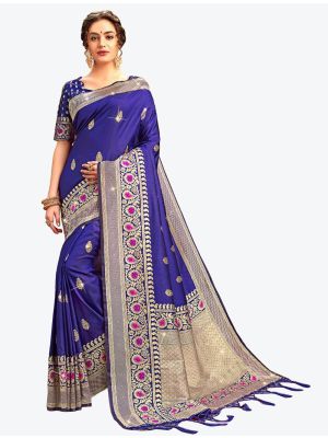 Bluish Purple Embroidered Zalar Work Banarasi Silk Designer Saree small FABSA21131